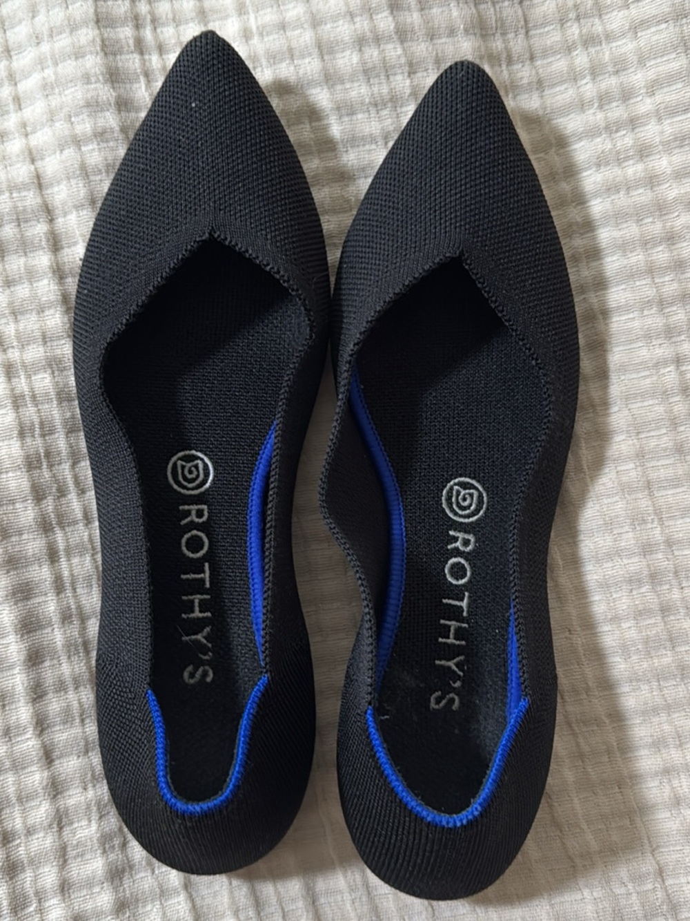 Rothy's Black Pointed Knit Flats with Blue Trim